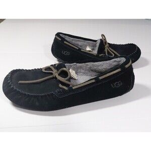 UGG Women's Slipper Moccasin Style Black Suede Sz 8 Indoor Outdoor Rubber Soles